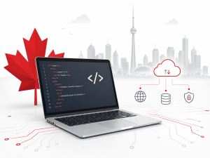 IT innovation in Canada with laptop, code, cloud computing icons, cybersecurity, and a red maple leaf.
