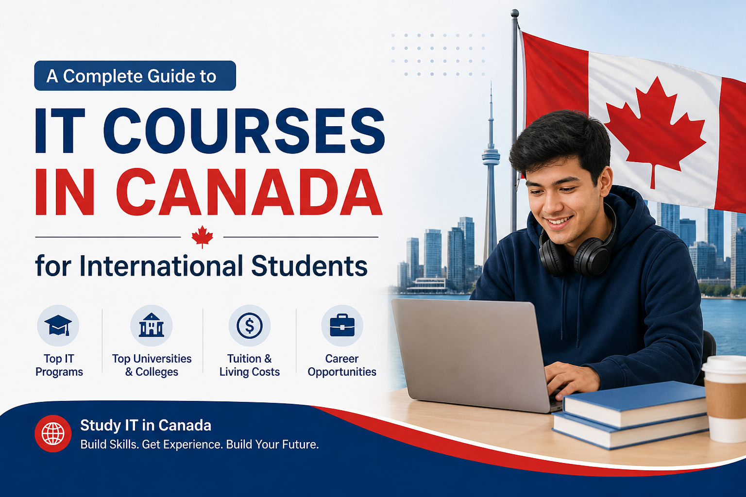 Information technology in Canada with laptop, coding, cloud computing, cybersecurity, and maple leaf